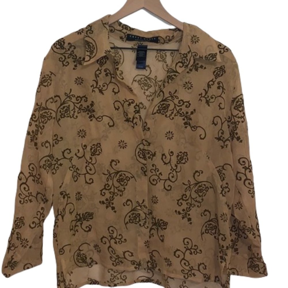 Crazy Horse Plus Size 14 Sheer Boho Brown Tan Button Up Blouse Top